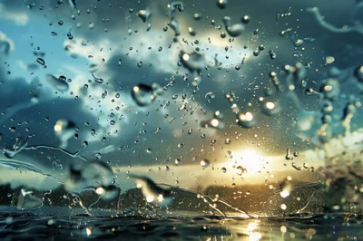 Raindrops Splashing On A Window During Sunset