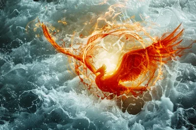 Fiery Phoenix Rising From Turbulent Ocean Waves