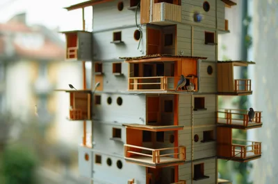 Miniature Wooden Birdhouse Apartment Building Model