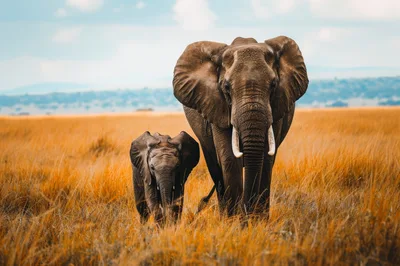 African Elephant Mother and Calf Walking in Savanna