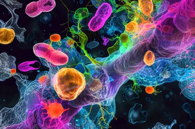 Microscopic View Of Colorful Biological Cells And Microorganisms