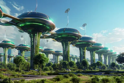 Futuristic Eco-Friendly City With Elevated Glass Pod Structures
