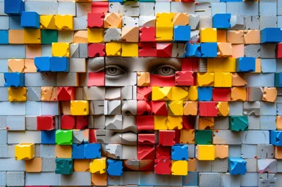Abstract Human Face Sculpture Made Of Colorful Wooden Blocks