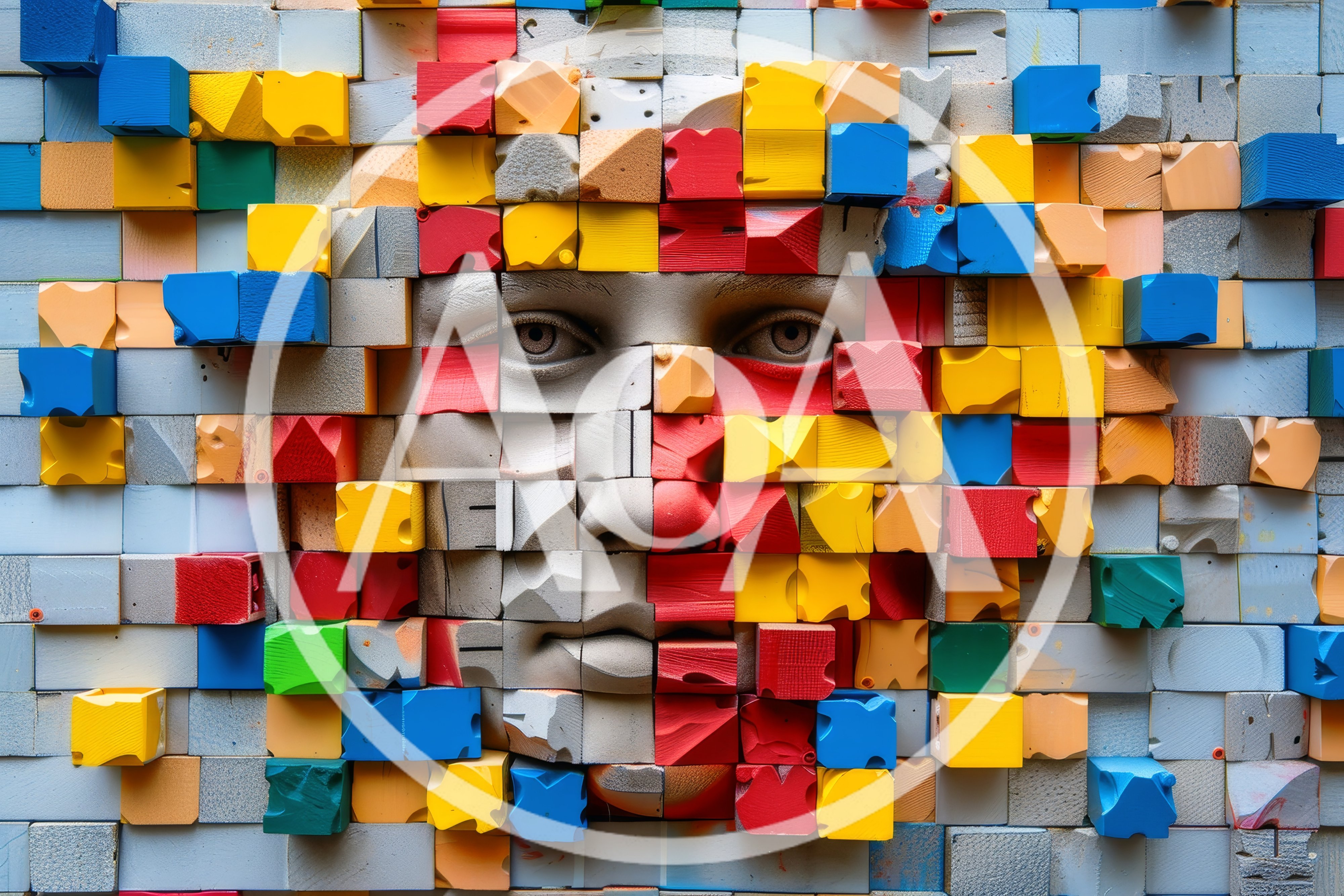 Abstract Human Face Sculpture Made Of Colorful Wooden Blocks