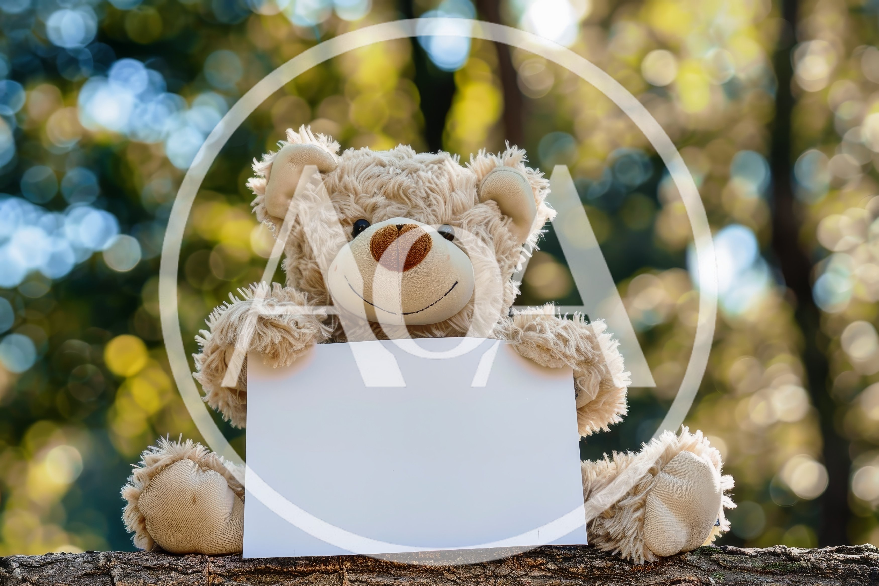 Teddy Bear Holding Blank Sign Outdoors