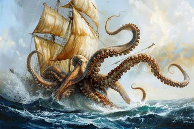 Giant Kraken Attacking A Sailing Ship At Sea