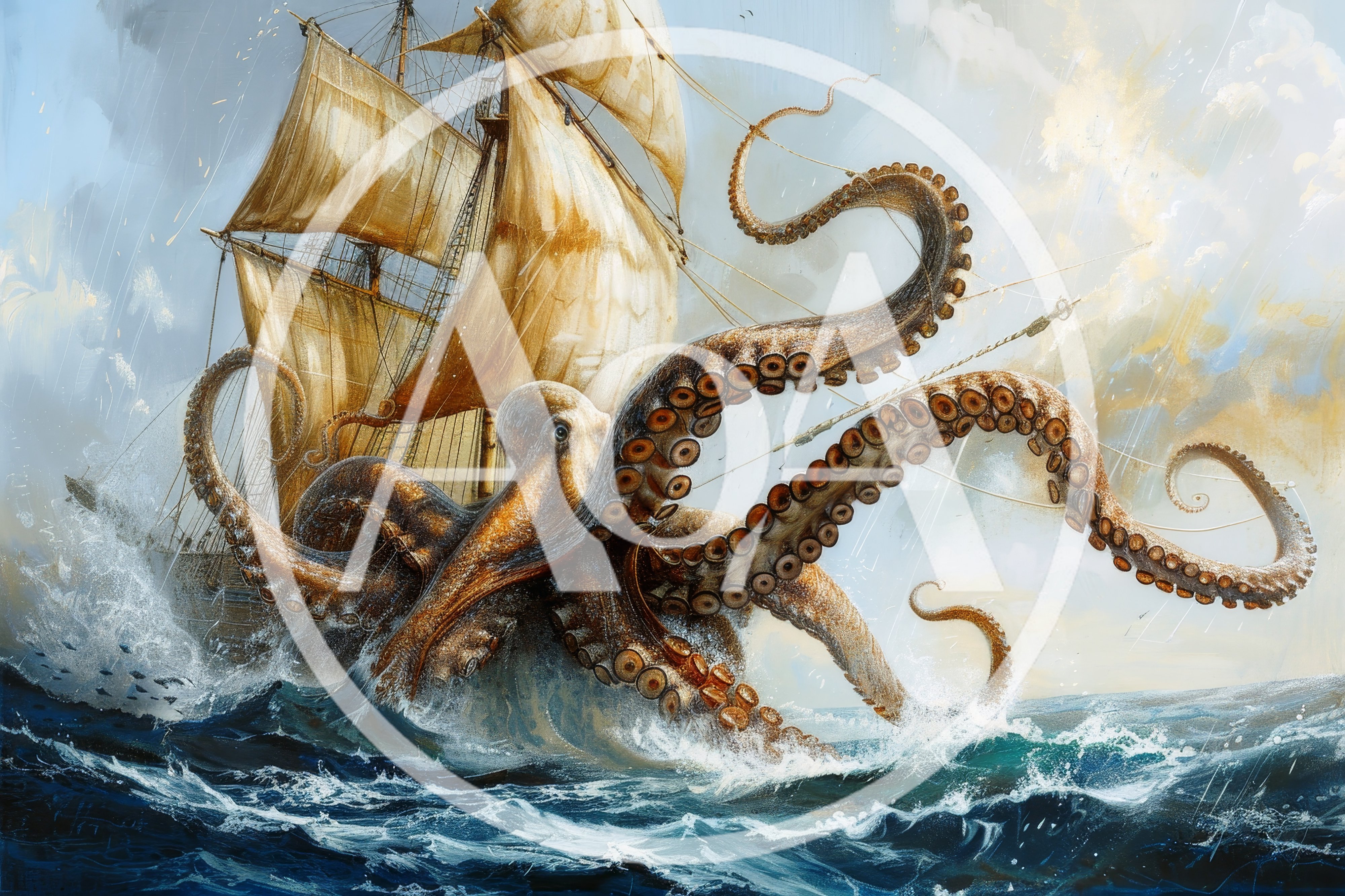 Giant Kraken Attacking A Sailing Ship At Sea