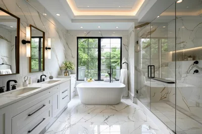 Modern Luxury Bathroom With Marble Tiles And Bathtub