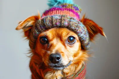 Small Dog Wearing A Colorful Knitted Winter Hat