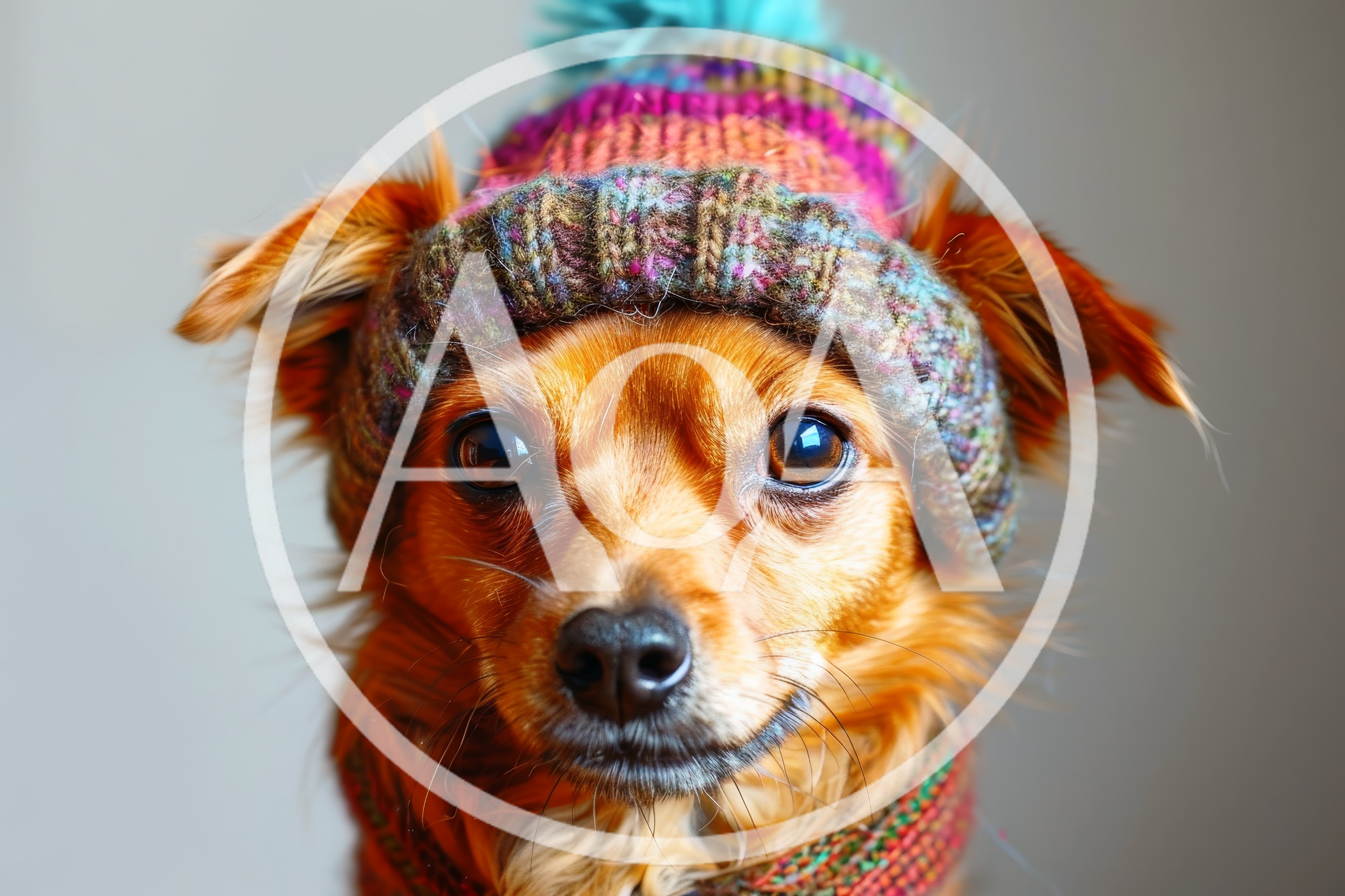 Small Dog Wearing A Colorful Knitted Winter Hat