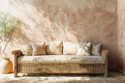 Wicker Sofa With Decorative Pillows Against Textured Wall