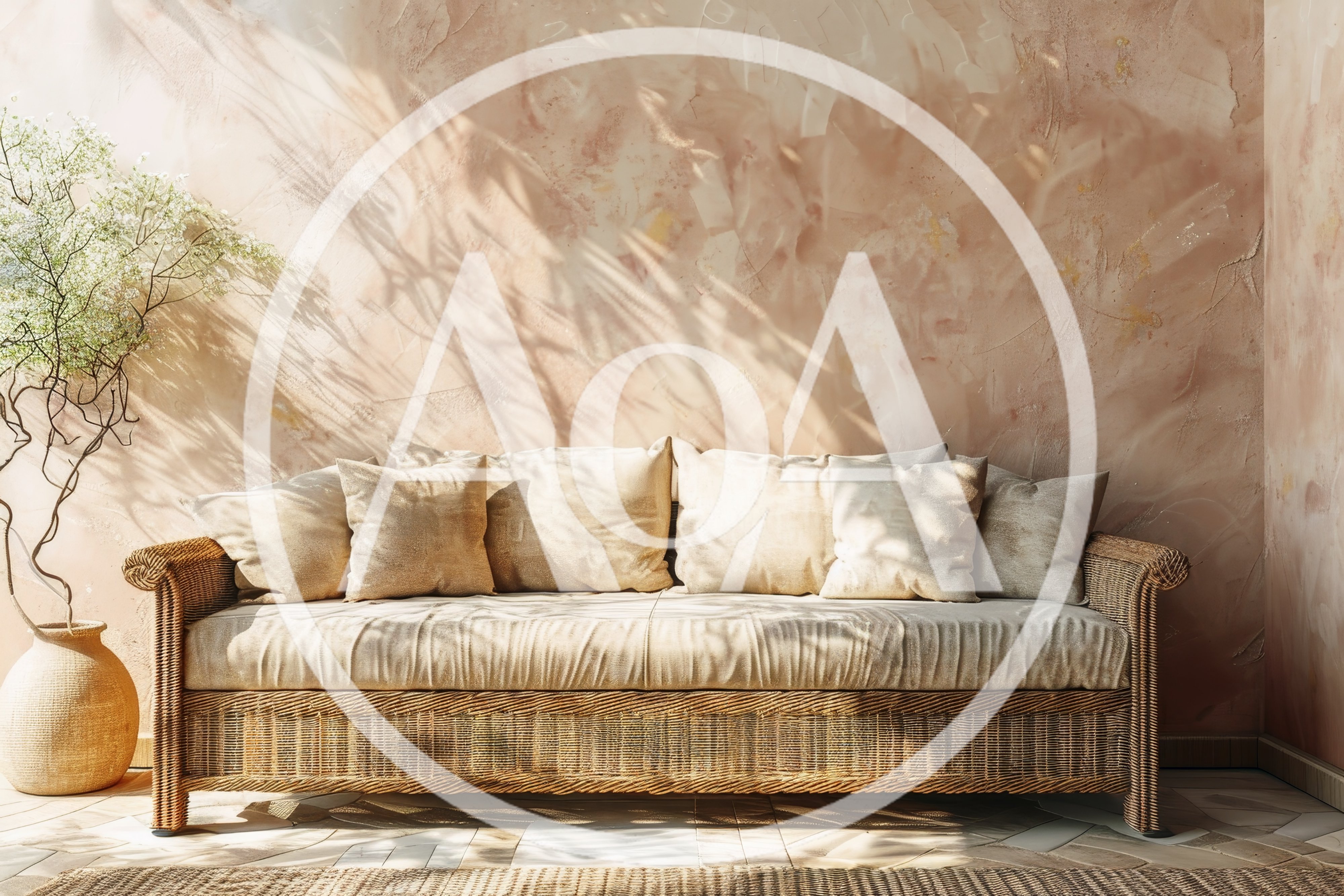 Wicker Sofa With Decorative Pillows Against Textured Wall