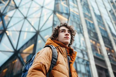 Young Man With Curly Hair Standing In Modern City