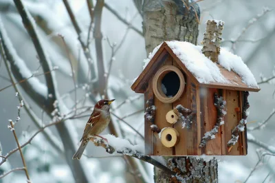 House Sparrow Perched Near Wooden Birdhouse In Winter