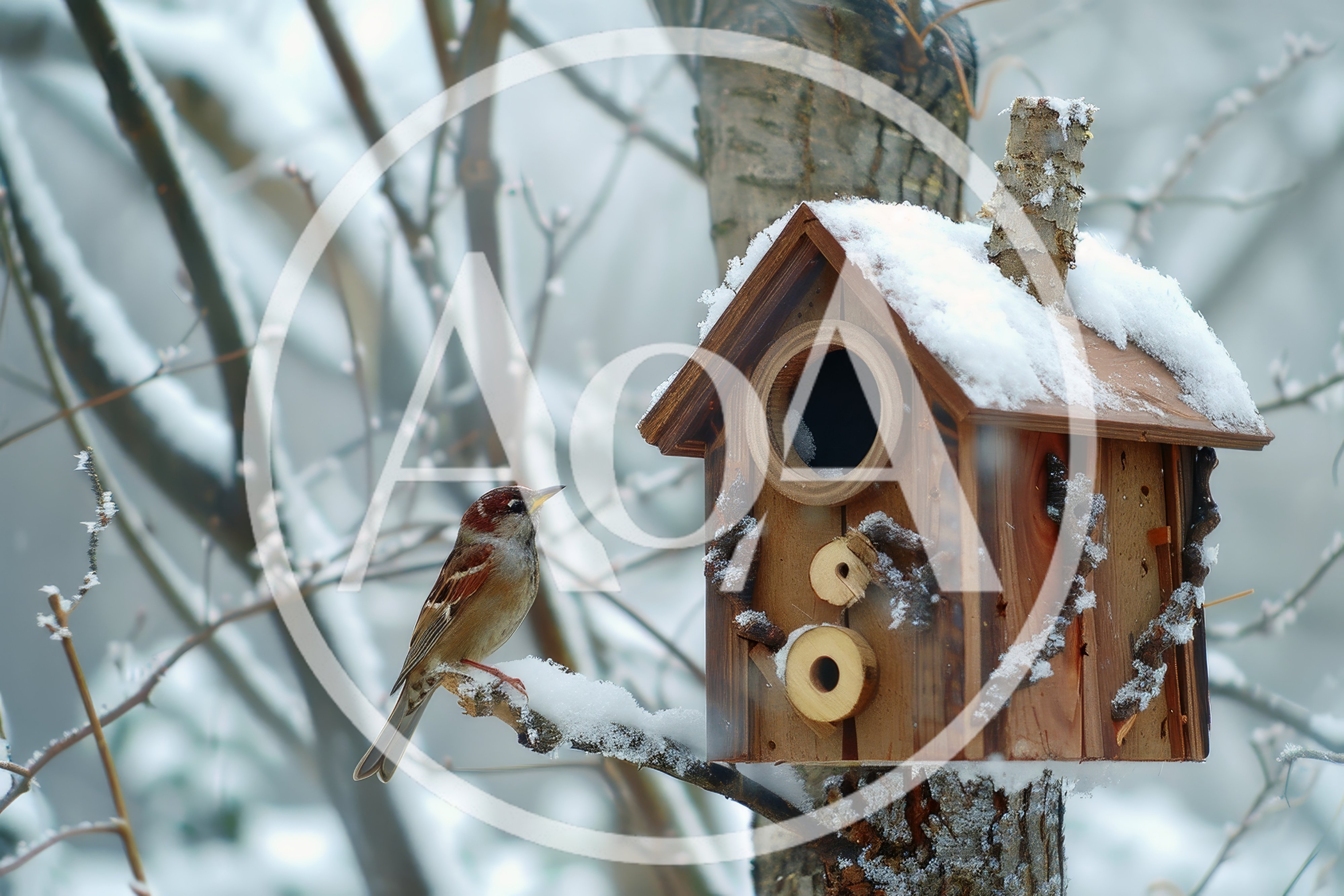 House Sparrow Perched Near Wooden Birdhouse In Winter