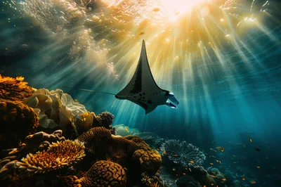 Manta Ray Swimming Over A Vibrant Coral Reef