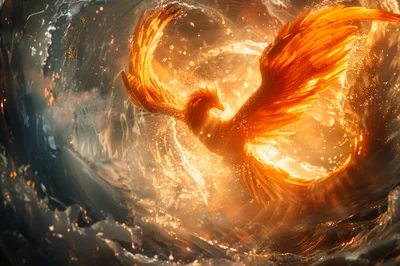 Fiery Phoenix Rising From Swirling Water Vortex