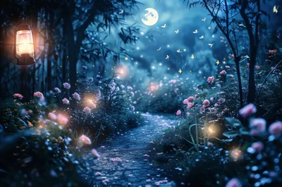 Enchanted Garden Path With Glowing Butterflies And Lantern