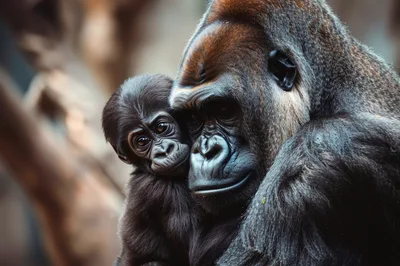 Mother Gorilla Holding Her Baby Infant