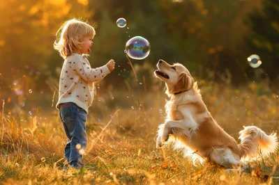 Little Girl Playing With Bubbles And Golden Retriever