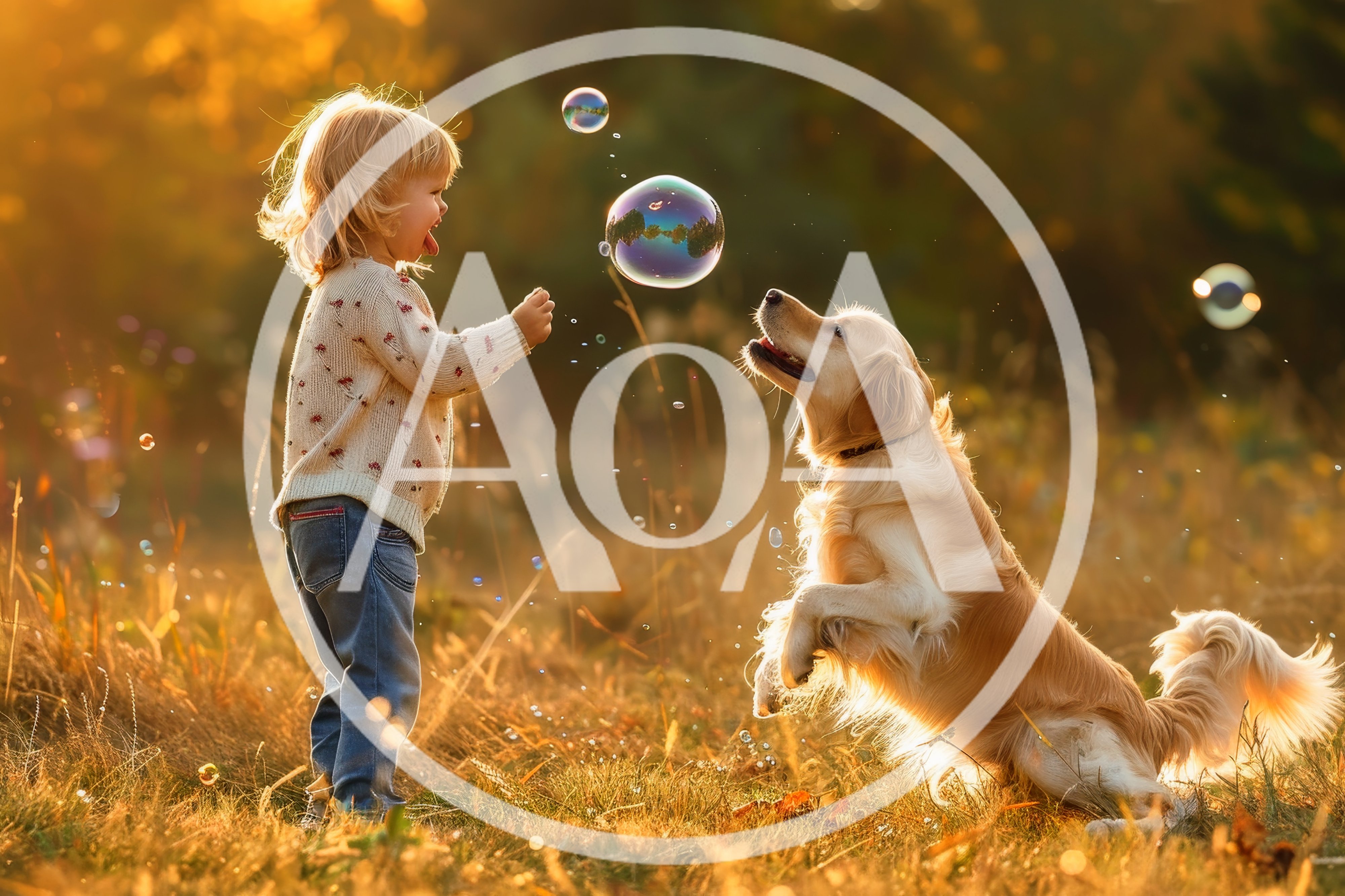 Little Girl Playing With Bubbles And Golden Retriever