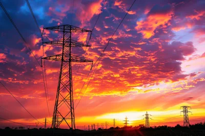High Voltage Electricity Transmission Tower At Sunset