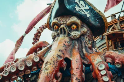 Giant Octopus Pirate Statue On Ship Deck