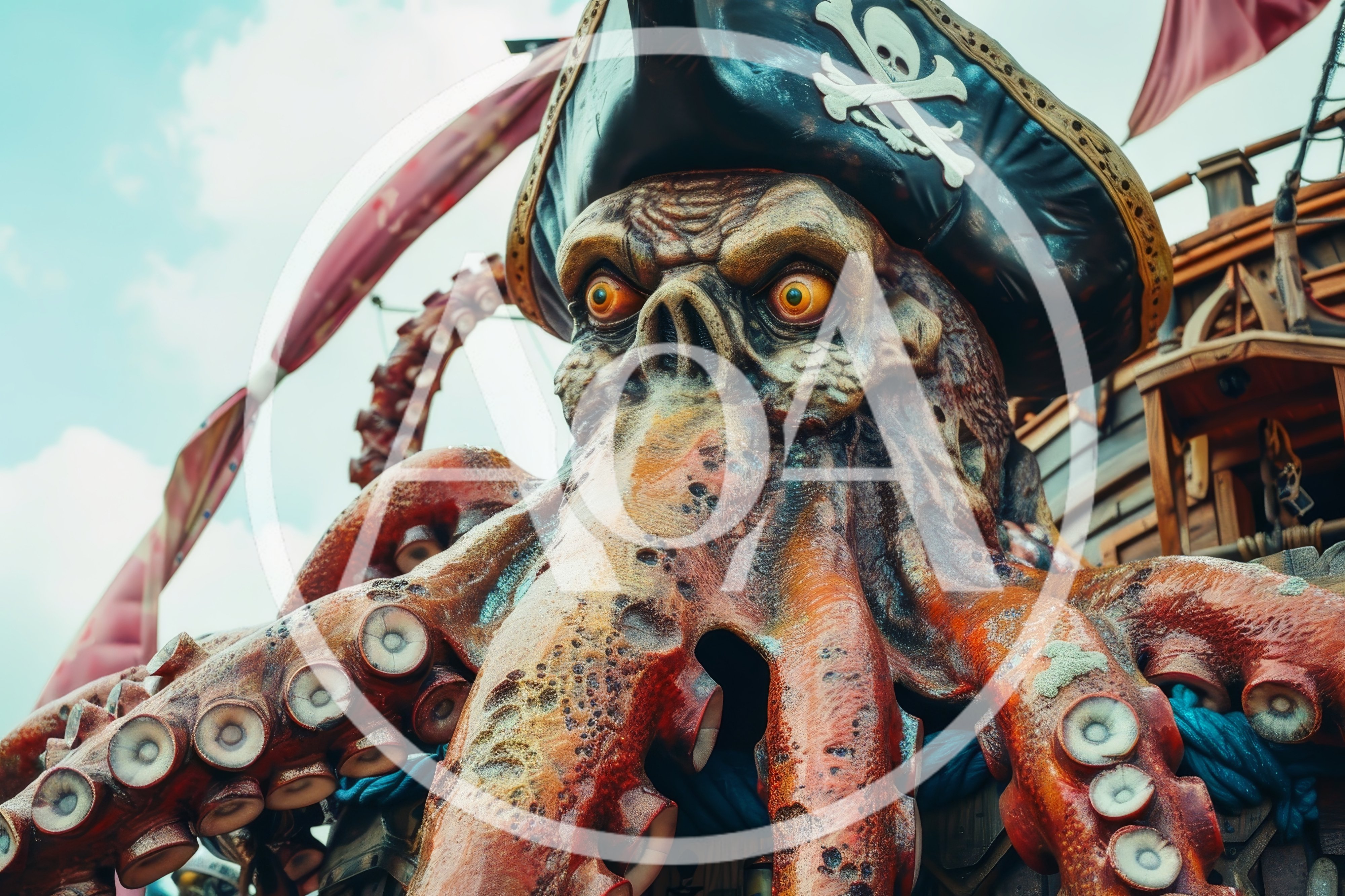 Giant Octopus Pirate Statue On Ship Deck