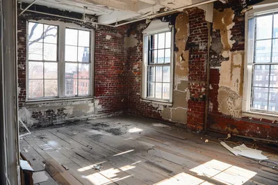 Abandoned Industrial Loft Interior With Exposed Brick Walls