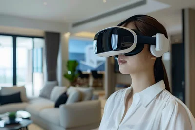 Young Woman Wearing Virtual Reality Headset In Modern Living Room