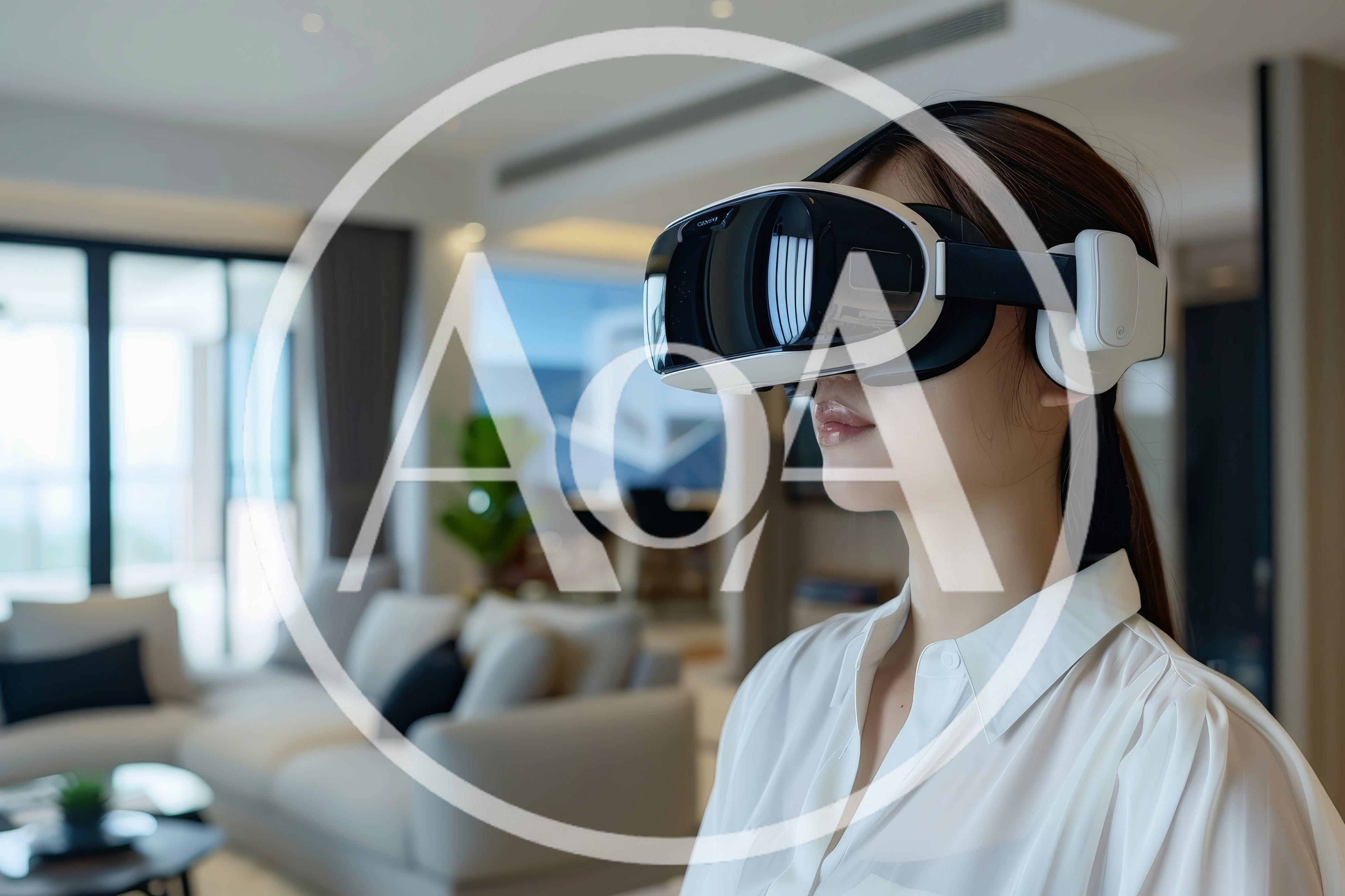 Young Woman Wearing Virtual Reality Headset In Modern Living Room