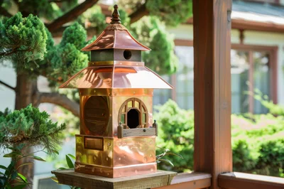 Copper Pagoda Style Birdhouse In A Garden Setting