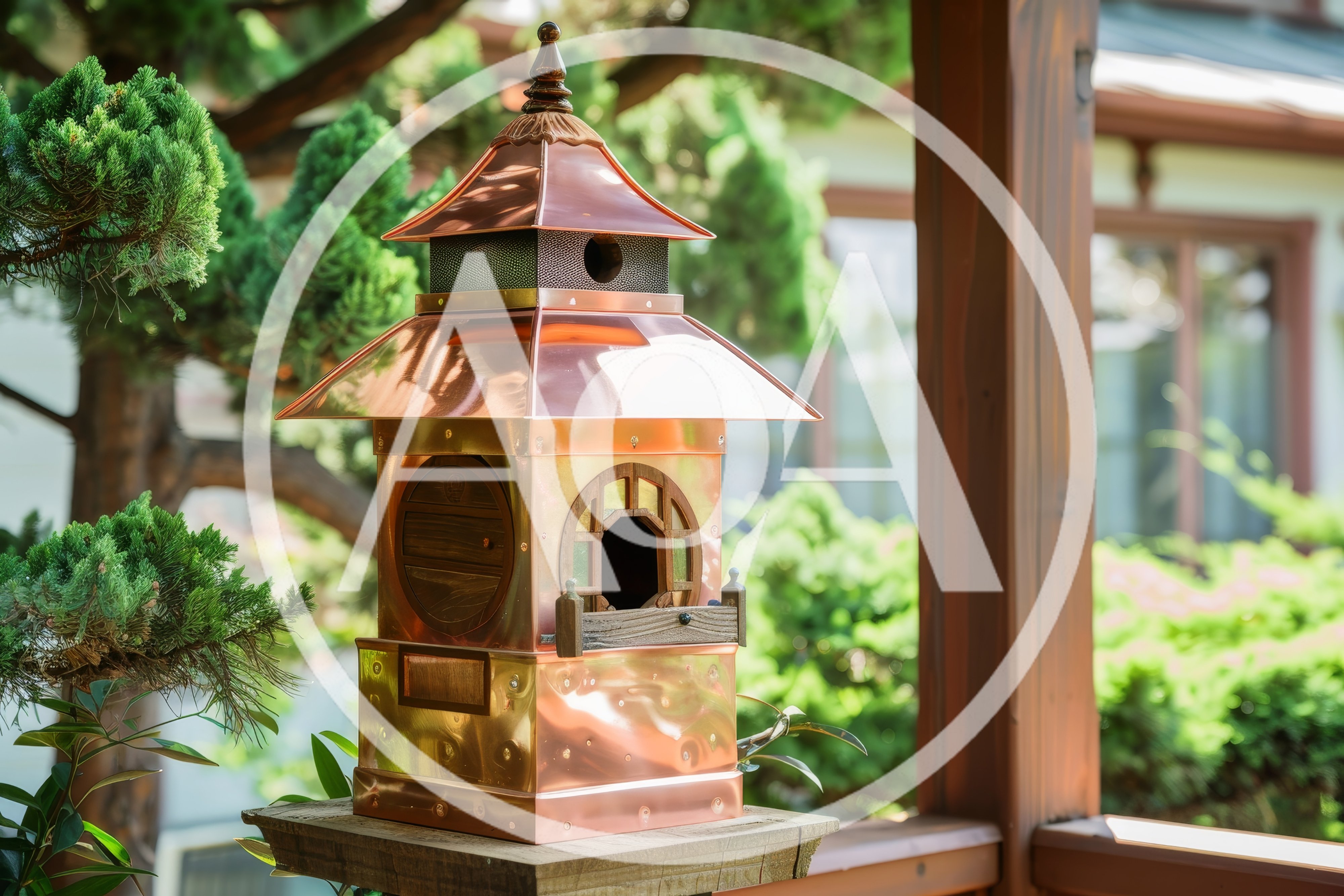 Copper Pagoda Style Birdhouse In A Garden Setting