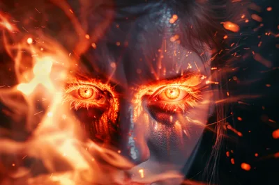 Close Up Of A Woman With Glowing Fiery Eyes