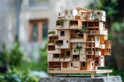 Miniature Wooden Modular Apartment Building Model