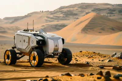 Futuristic Mars Rover Exploring Desert Landscape