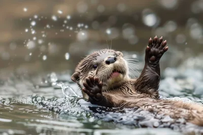 Cute Otter Swimming and Waving in Water