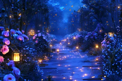 Enchanted Garden Path With Glowing Lanterns And Fireflies