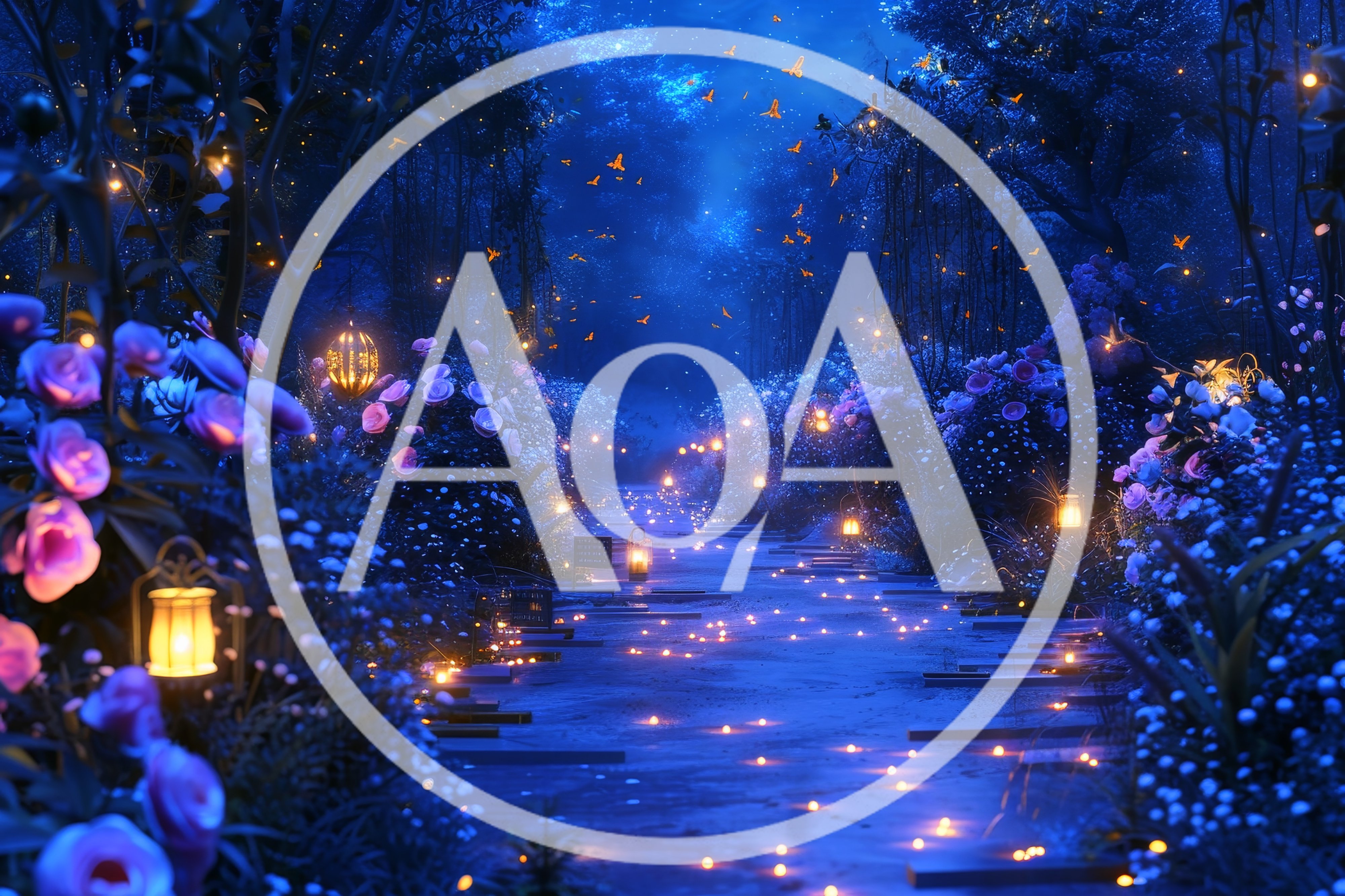 Enchanted Garden Path With Glowing Lanterns And Fireflies