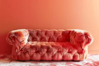 Luxurious Red Fur Tufted Sofa Against Solid Wall