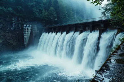 Water Flowing Over A Concrete Dam In A Forest