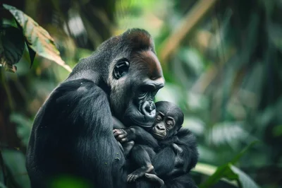 Mother Gorilla Holding Her Newborn Baby In The Jungle