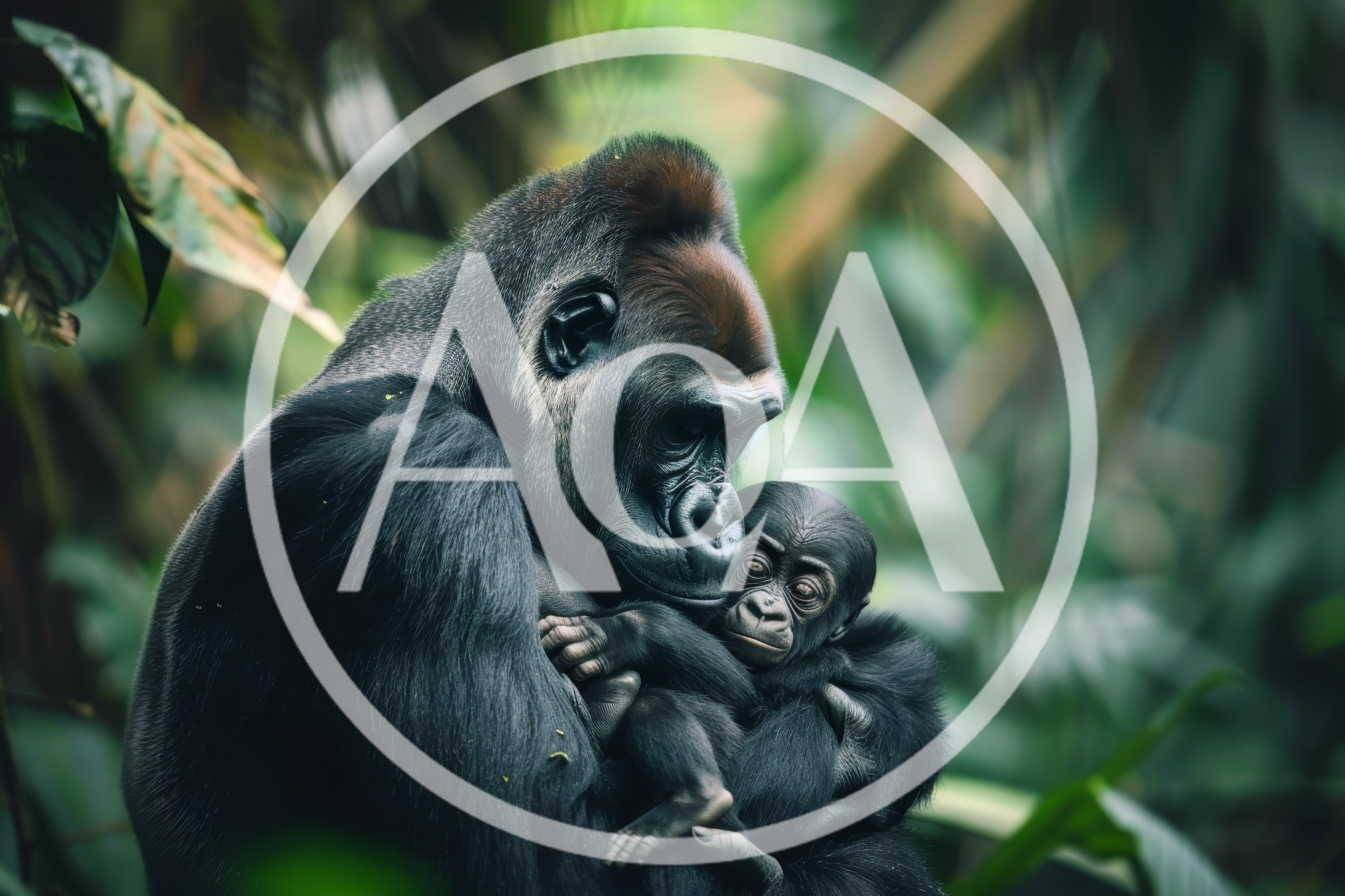 Mother Gorilla Holding Her Newborn Baby In The Jungle