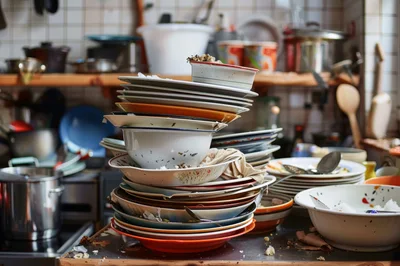 Stack Of Dirty Dishes In A Cluttered Kitchen