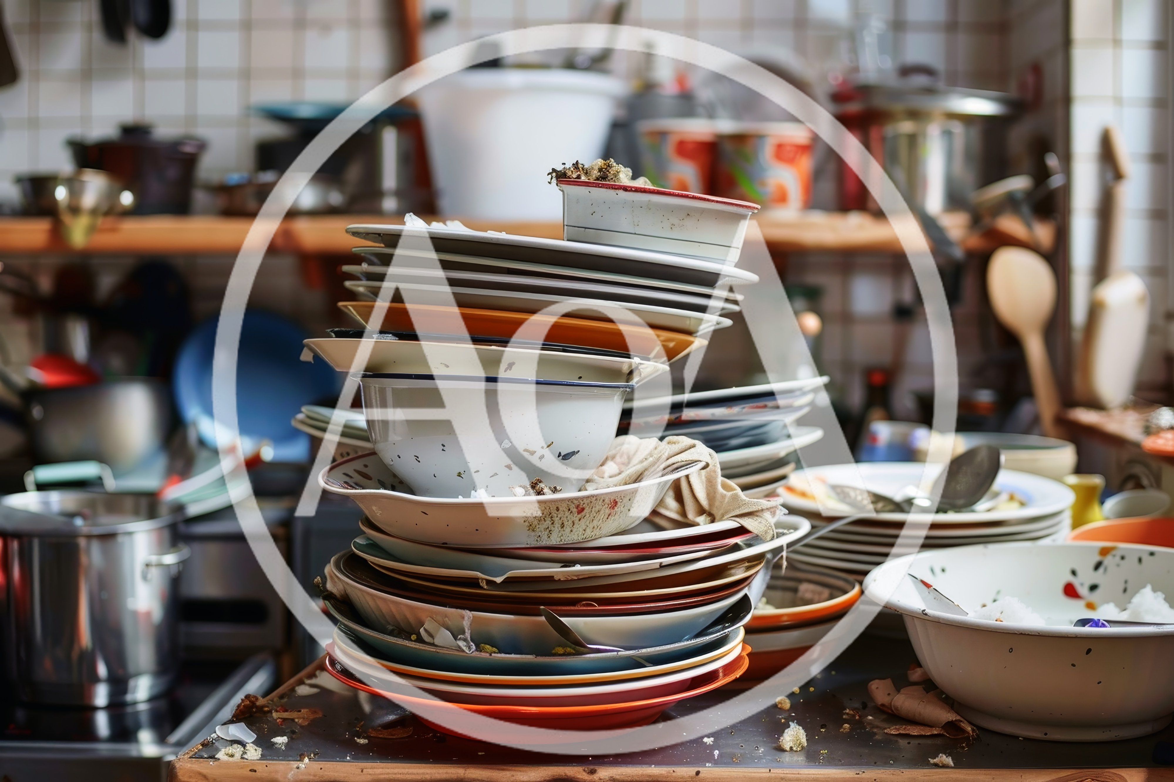 Stack Of Dirty Dishes In A Cluttered Kitchen