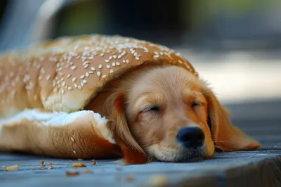 Golden Retriever Puppy Sleeping Inside A Hot Dog Bun