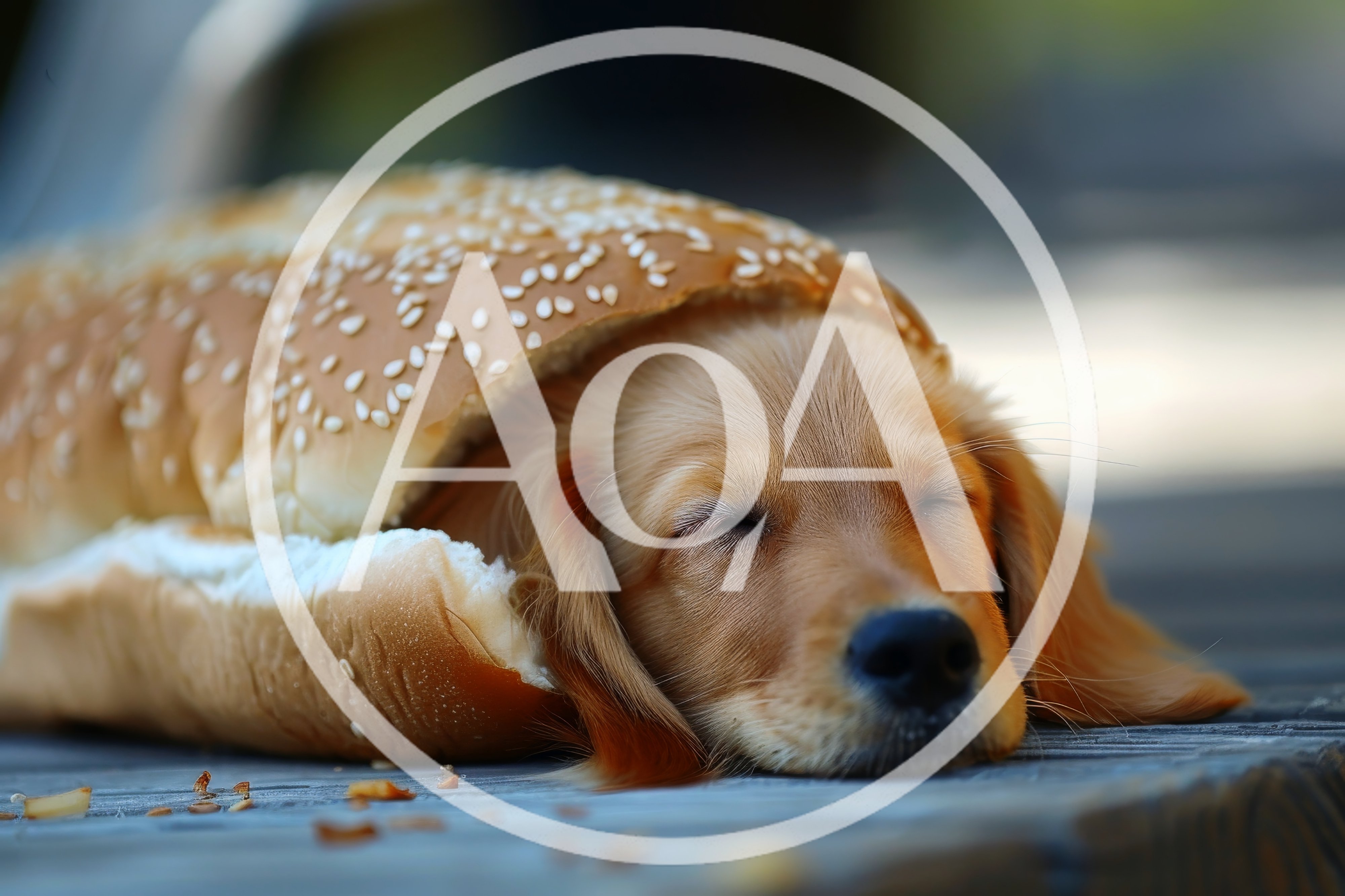 Golden Retriever Puppy Sleeping Inside A Hot Dog Bun
