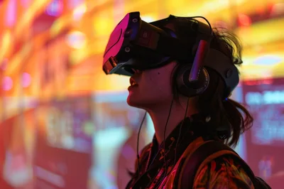 Young Woman Wearing Virtual Reality Headset In Neon Light