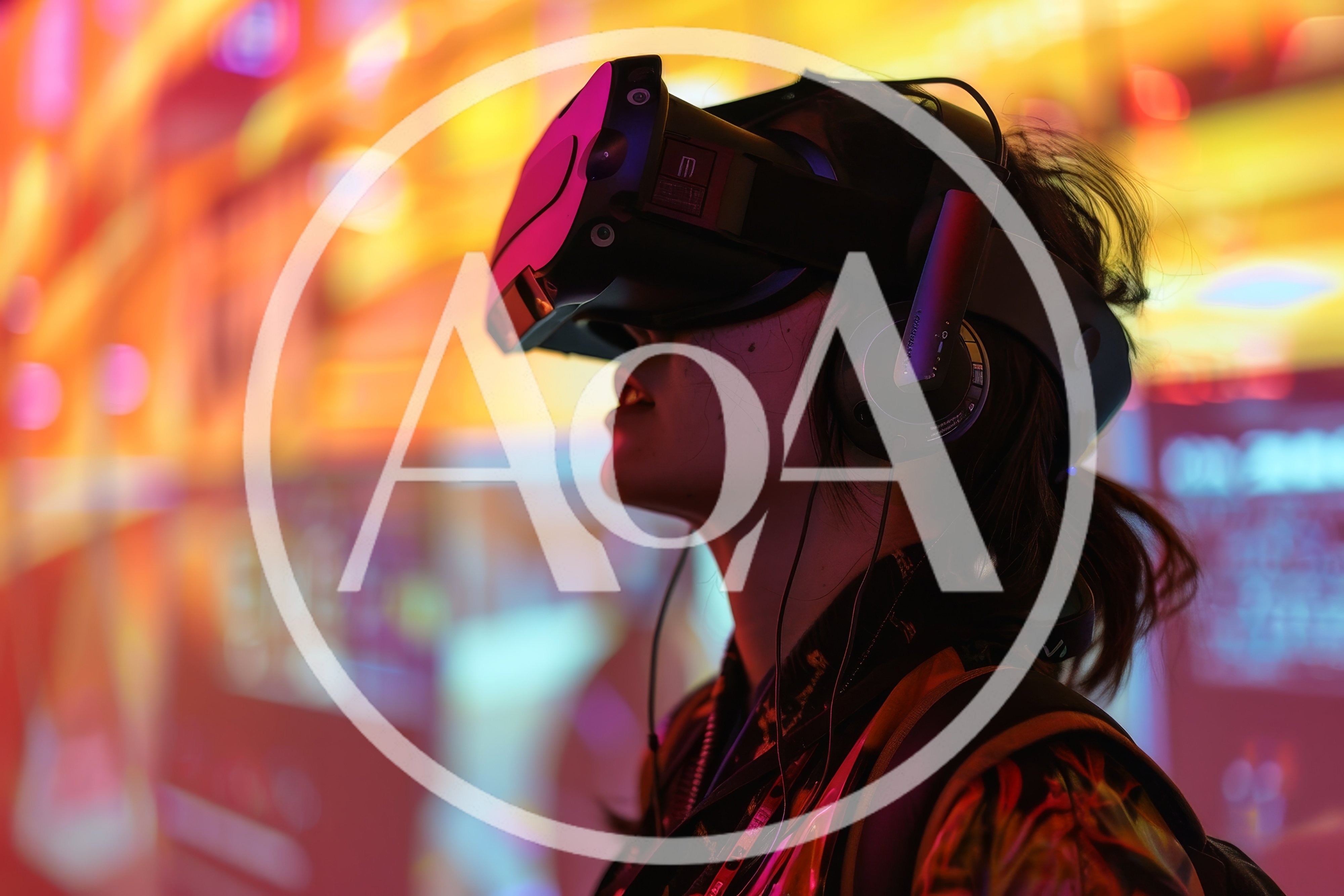 Young Woman Wearing Virtual Reality Headset In Neon Light