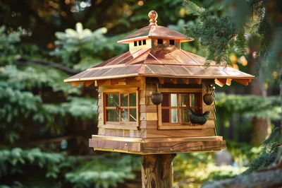Wooden Bird Feeder With Copper Roof In Garden